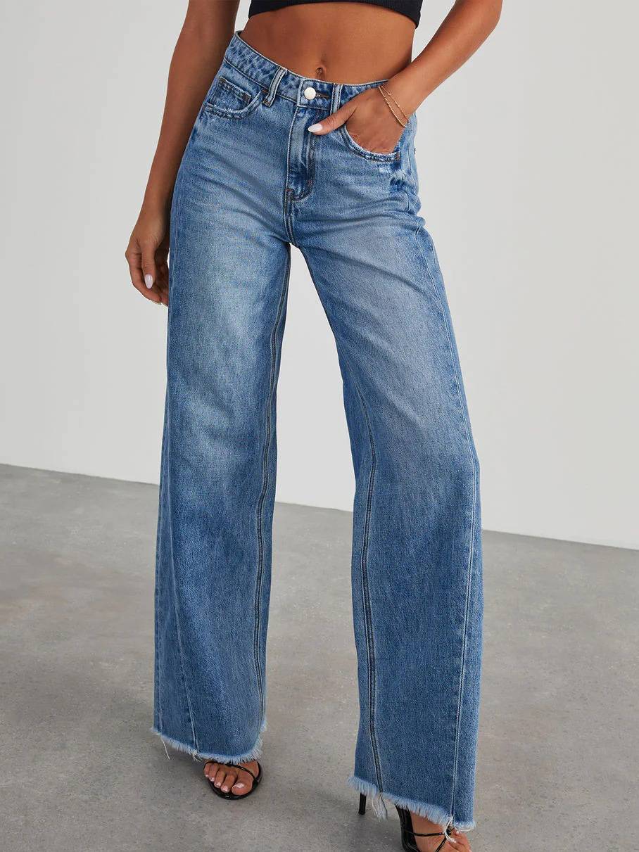 Side Stitched Hem Abraded Wide-Leg Jeans