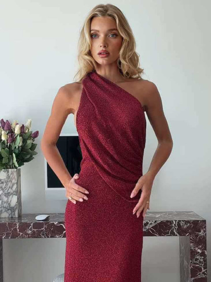 Elegant Metallic Glossy Backless Ruched Evening Maxi Dress