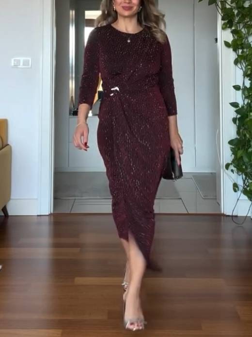 Shiny Pleated Slim-fit Midi Dress