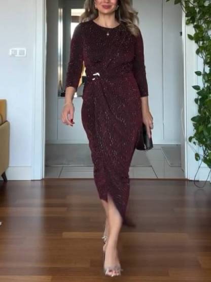 Shiny Pleated Slim-fit Midi Dress