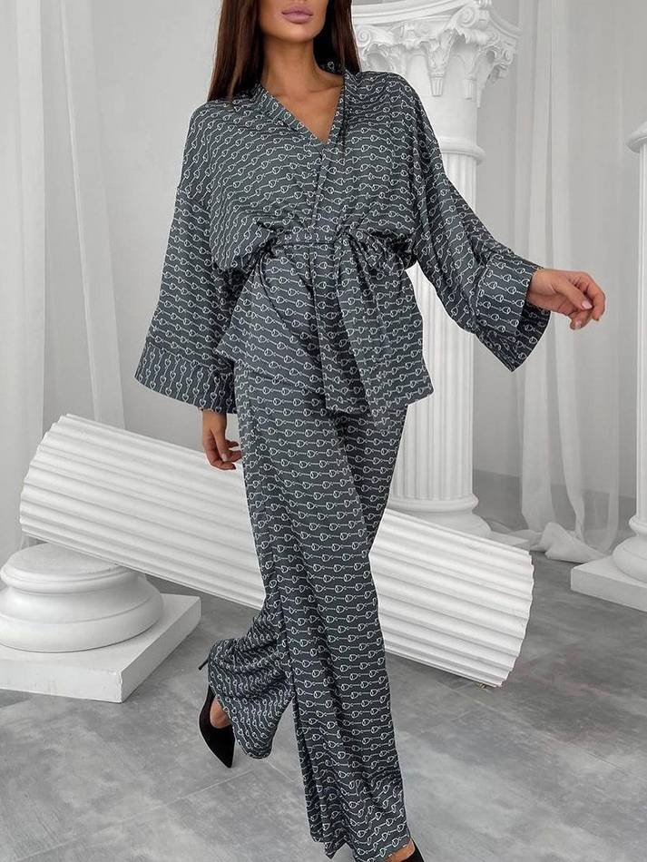 Printed Cardigan Nightgown Pants Home Wear