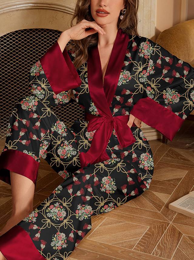 Printed Satin Long-Sleeve Pants Two-Piece Home Wear