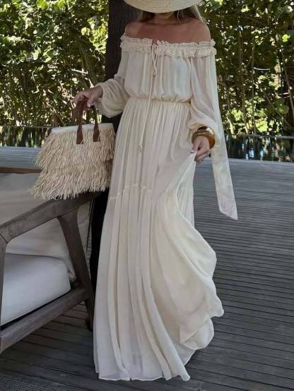 Vacation Style Off-shoulder Lace-up Long Sleeve Maxi Dress