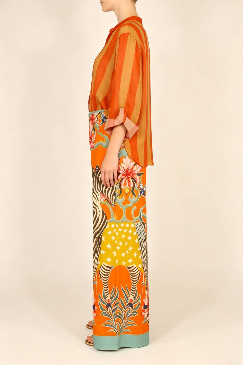 Stripe Button‑Front Shirt & Zebra Floral Print Wide‑Leg Pants Two‑Piece Set