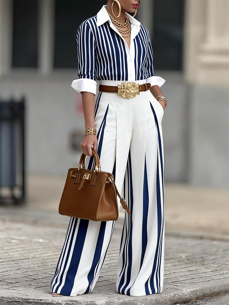 Elegant Striped Shirt & High Waist Wide Leg Pants Set