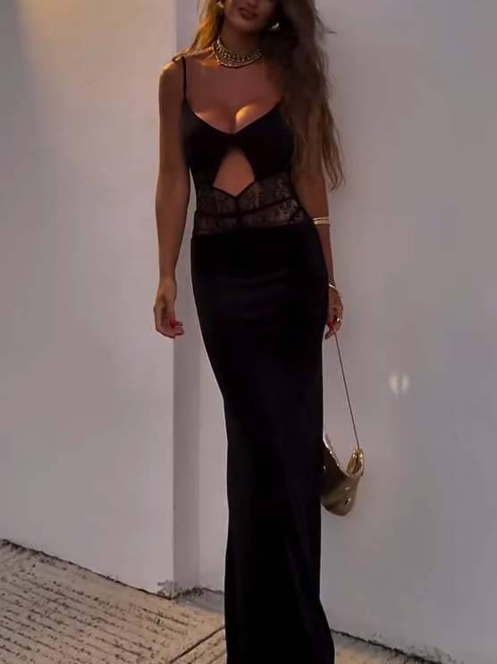 Sexy Lace Splicing Hollow Design Maxi Dress