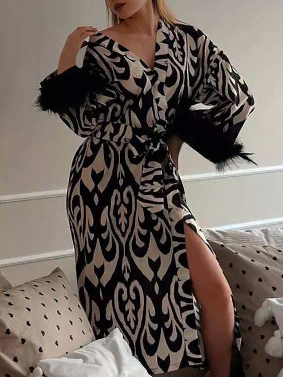 Printed Lace-Up Long Nightgown  Homewear