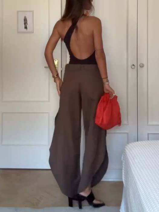 Oblique Collar Off-shoulder Bodysuits And Side Slits Wide Leg Pants Suit- Bodysuits