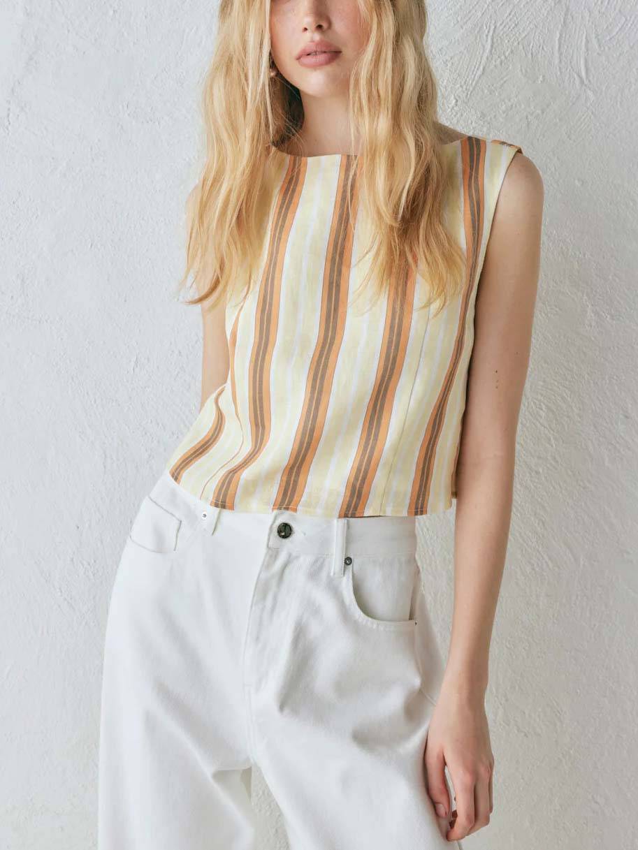 Vertical Stripe Vest And Wide Leg Pants Suit