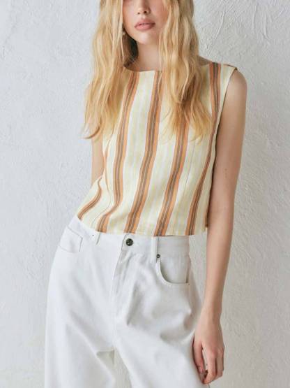 Vertical Stripe Vest And Wide Leg Pants Suit
