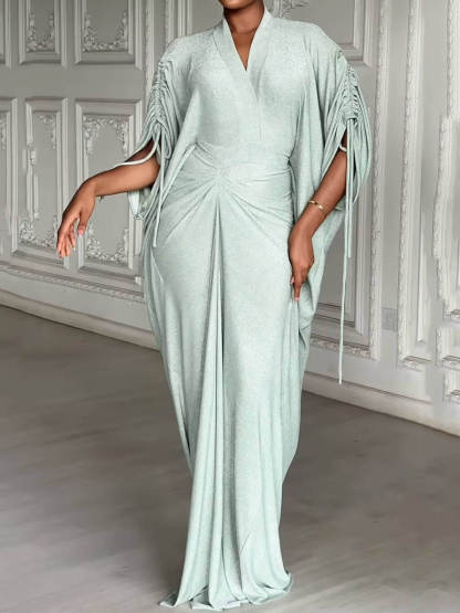 Pleated Shimmering V-Neck Maxi Dress