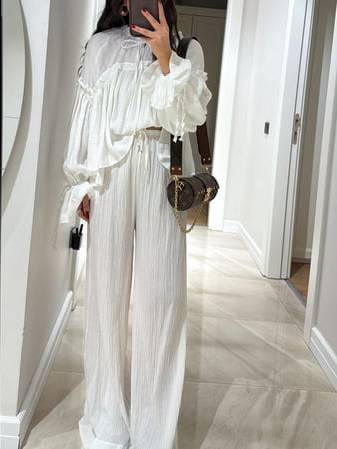 Bohemian Style Shirt And Wide Leg Pants Suit-Pants
