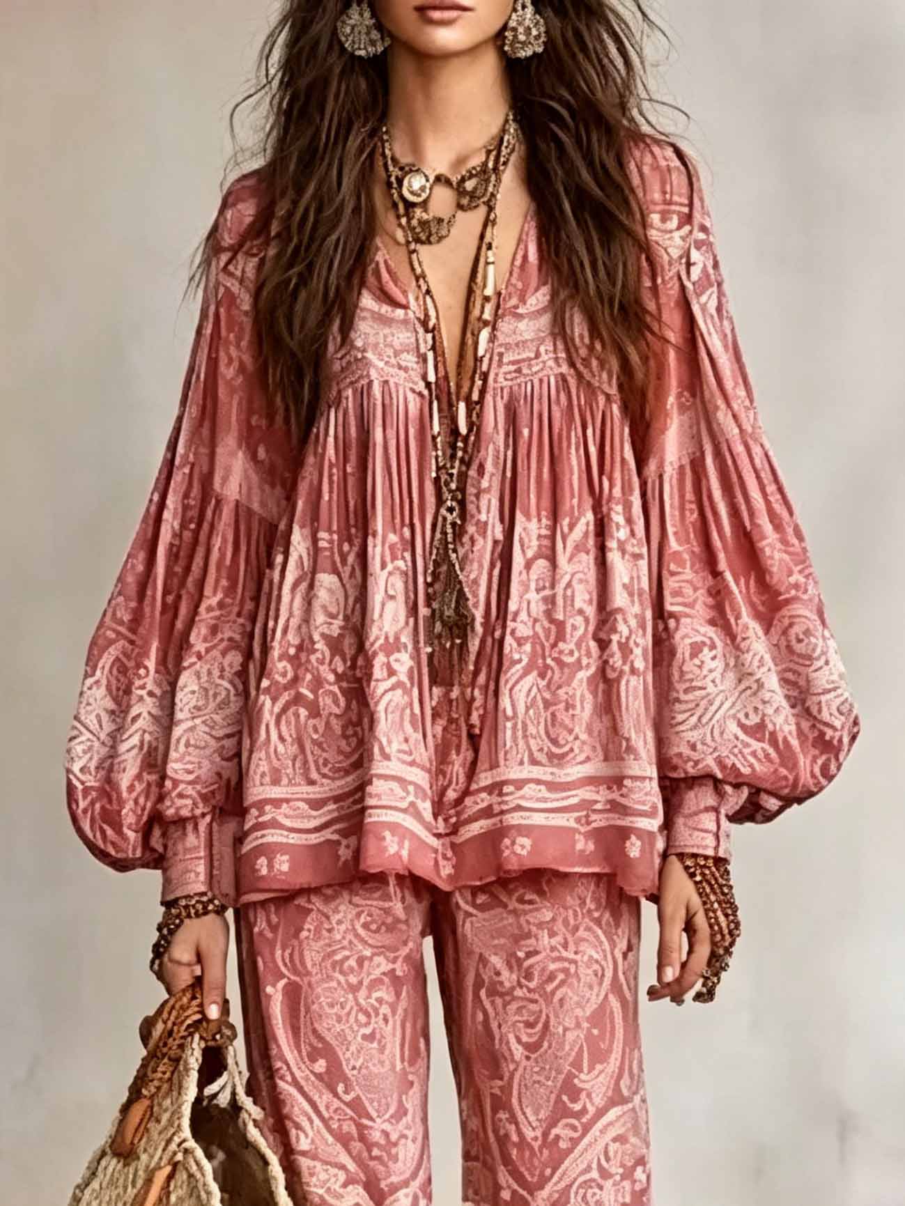 Bohemian Paisley Print Balloon Sleeve Blouse & Pants Two-Piece Set