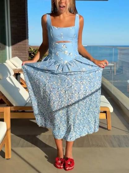 Hollow Design Printed Sling Dress