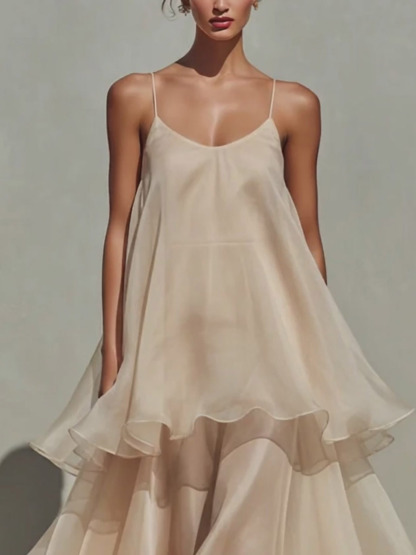 Elegant Spaghetti Strap Tiered Ruffle Flowy Maxi Dress