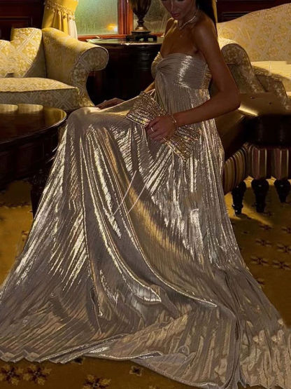 Metallic Pleated Off-The-Shoulder Maxi Dress
