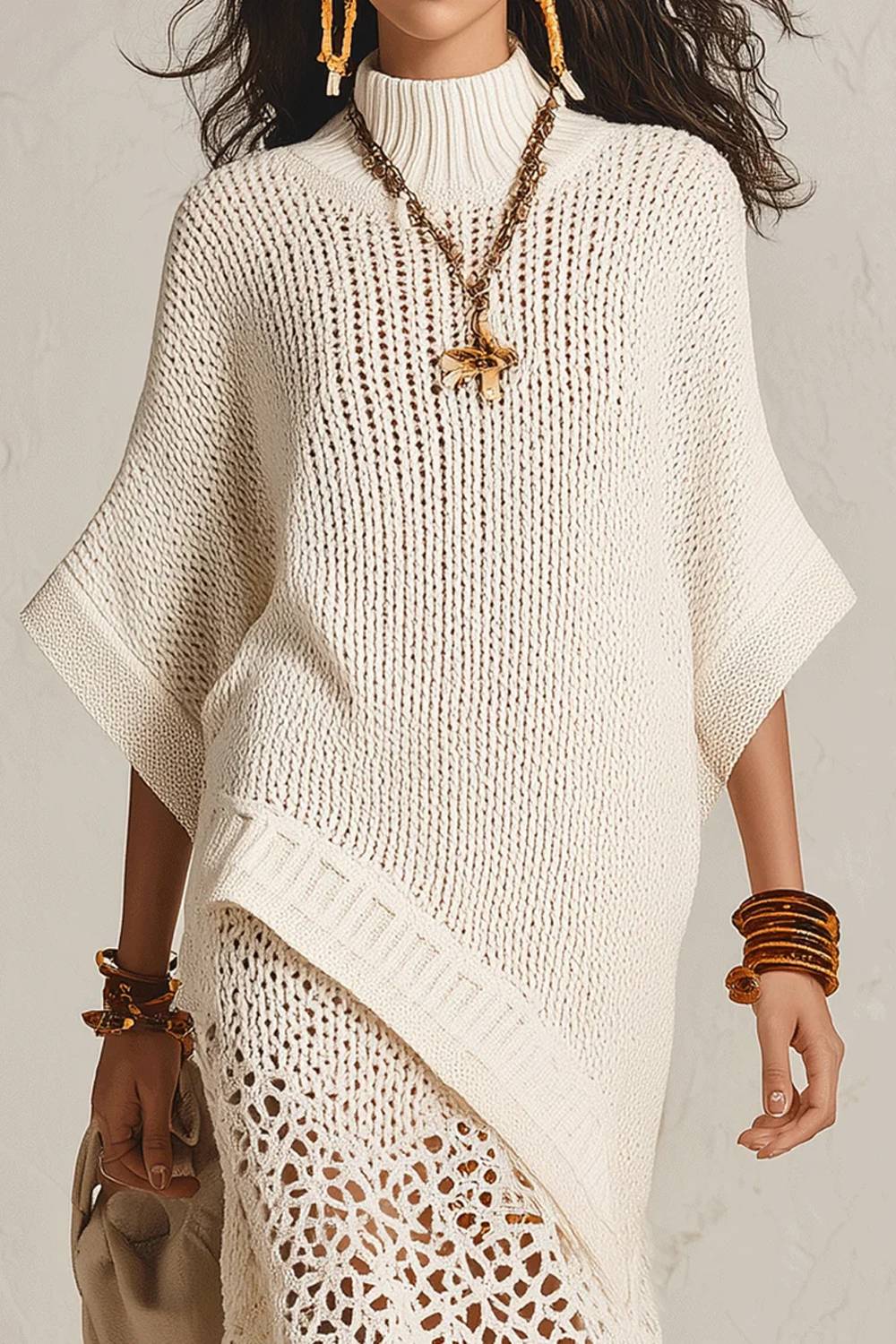 Midi-Neck Bat-Sleeve Knitted Crochet Cutout Dress