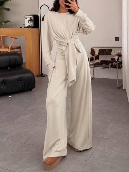 Lace-Up Design Pullover And Wide Leg Pants Suit