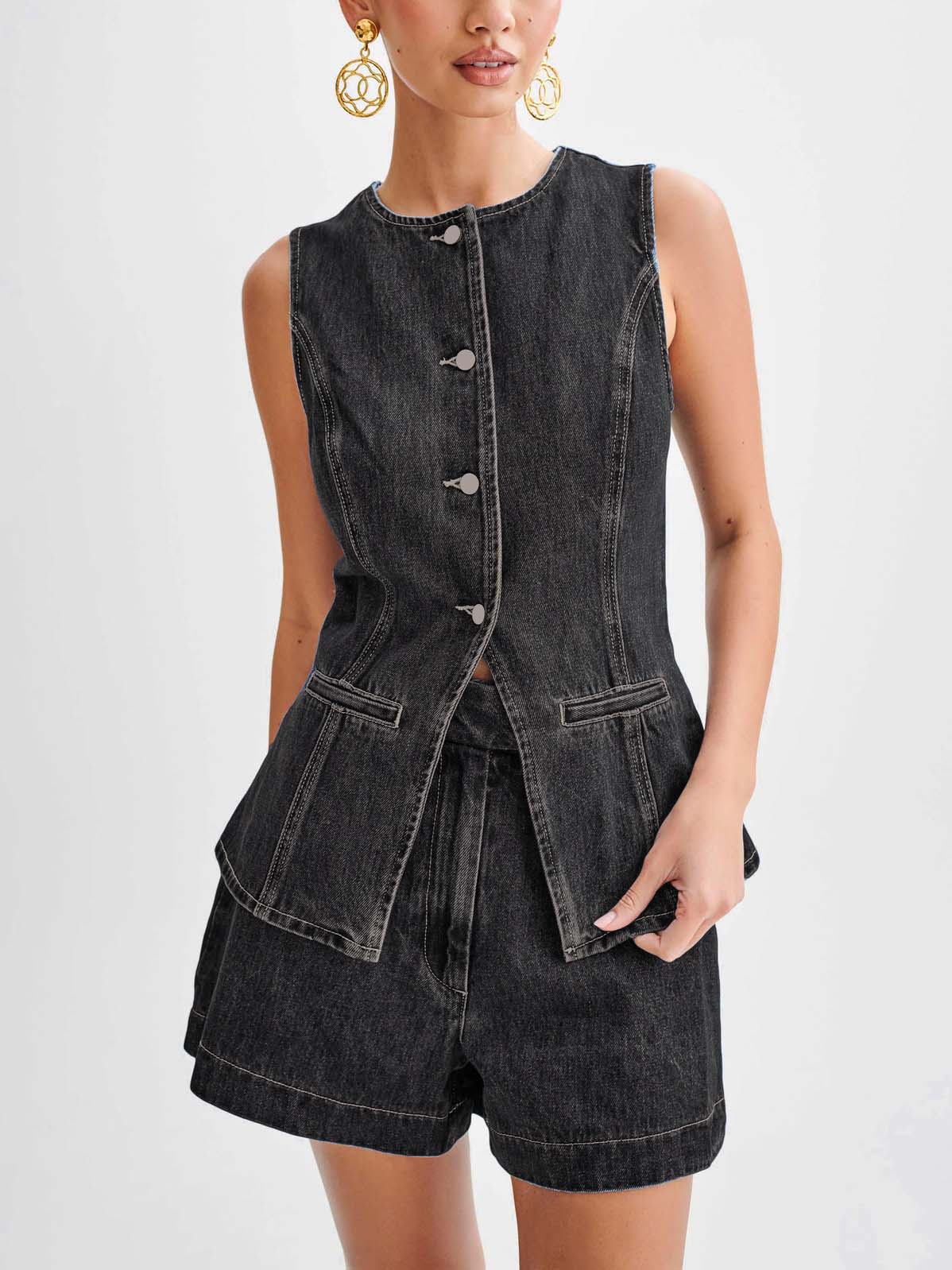 Minimalist Old Money Style Denim Vest And Shorts Suit