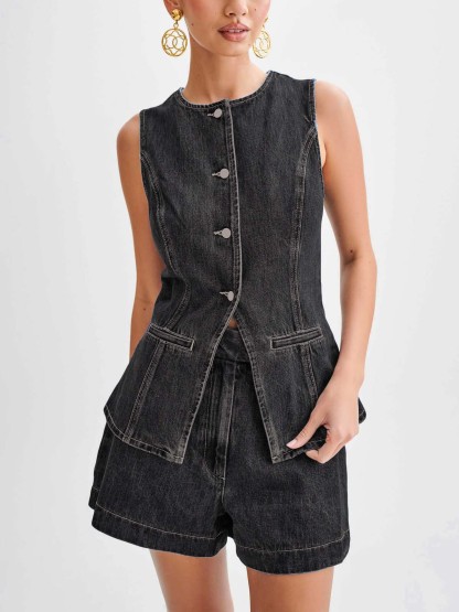 Minimalist Old Money Style Denim Vest And Shorts Suit