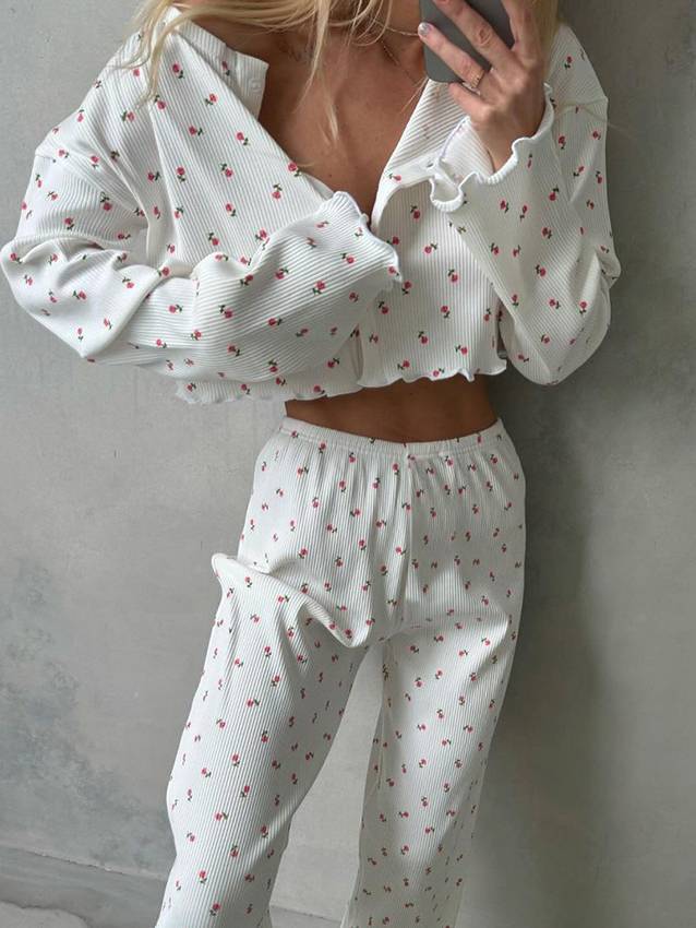 Floral-Print Long-Sleeve pants Two-Piece Set