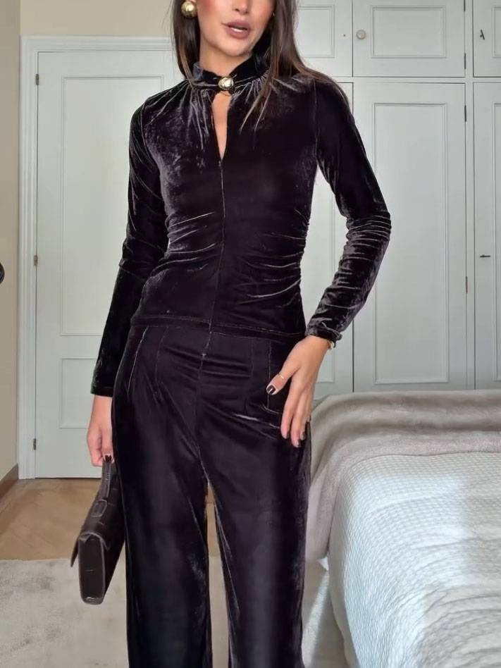 Vintage Velvet Top And Wide Leg Pants Set