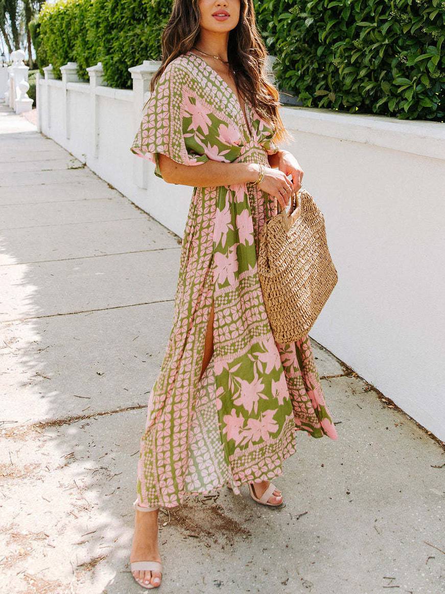 V-neck High Waist Slit Dress