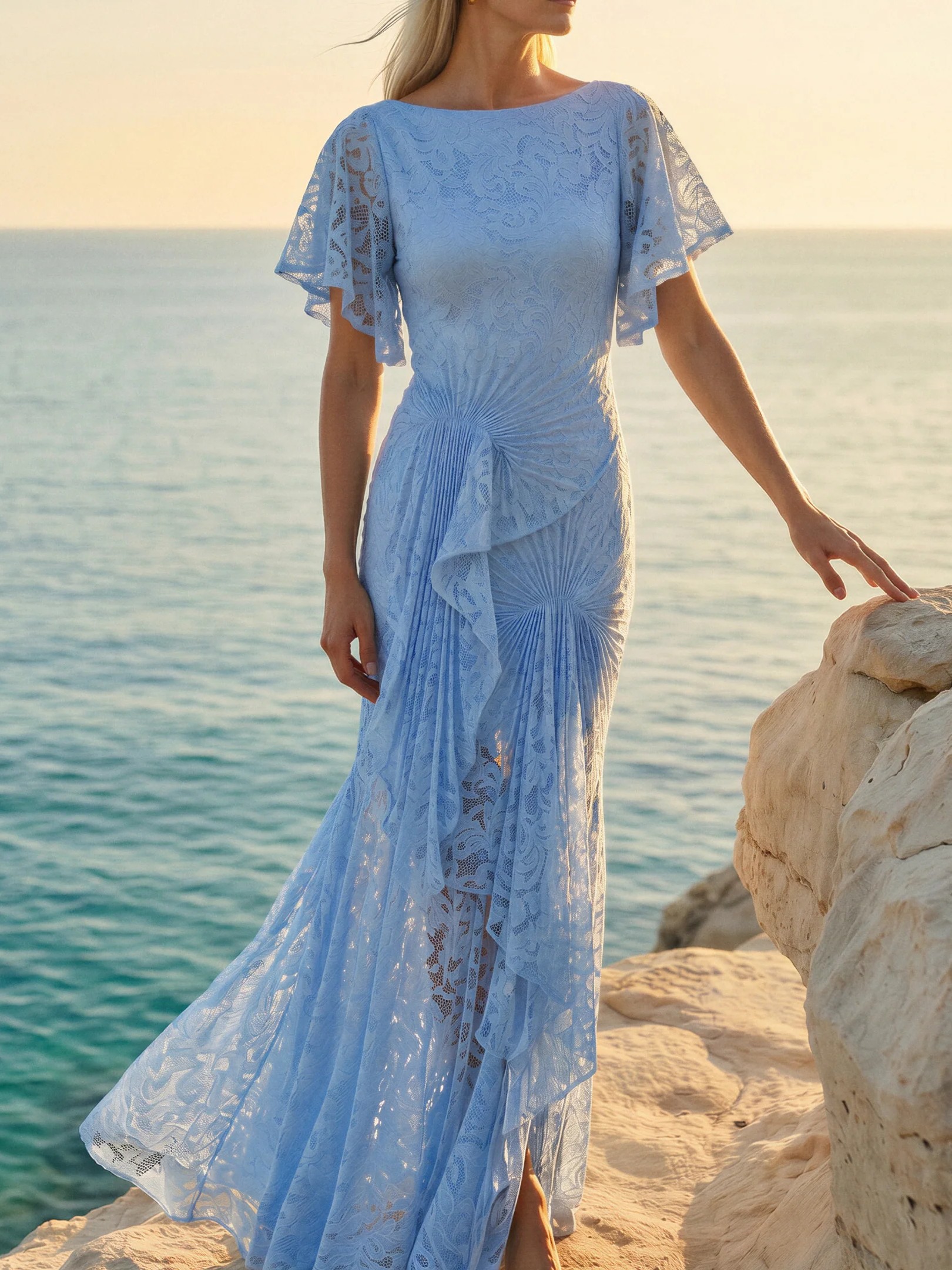 Elegant Lace Ruched Ruffle Party Maxi Dress