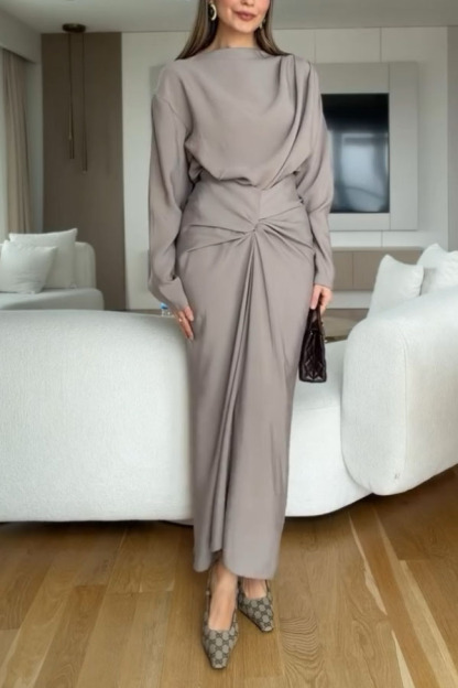 Boat Neck Pleated Slim Fit Maxi Dress