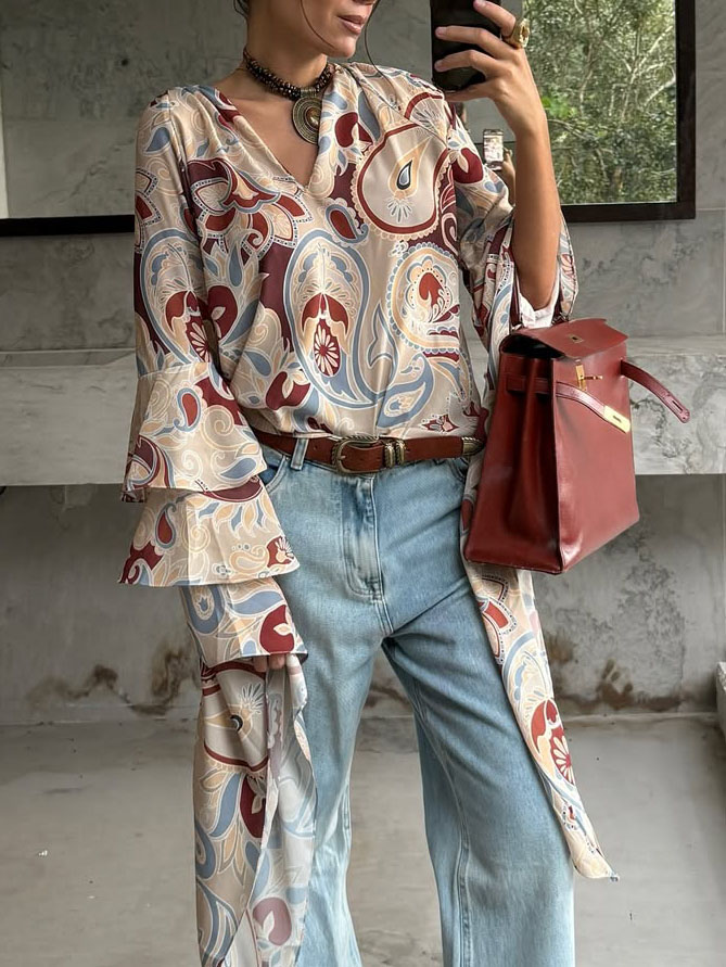 Bohemian Print Bell Sleeve Loose Shirt
