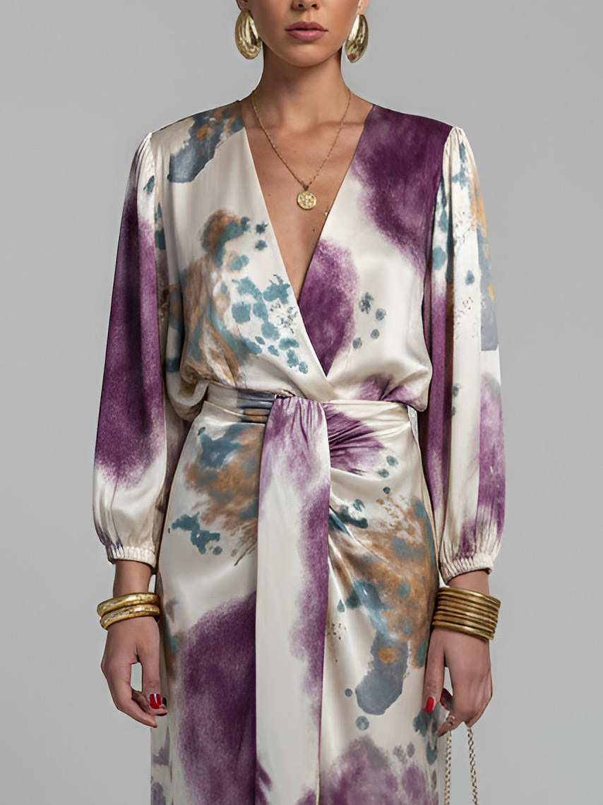 Elegant Watercolor Print Satin High-Waist Maxi Skirt