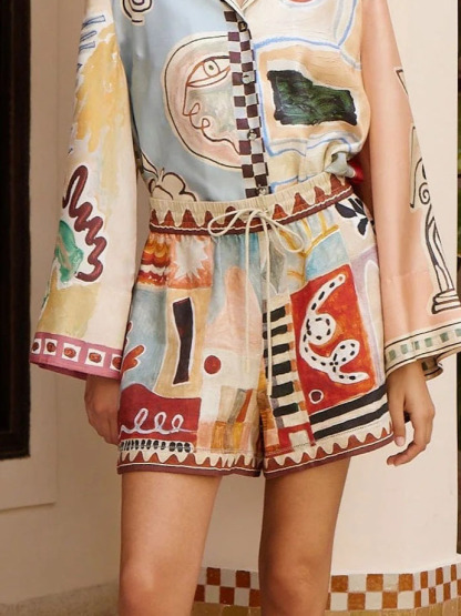 Unique Painted Print Long-sleeved Shorts Two-piece Set
