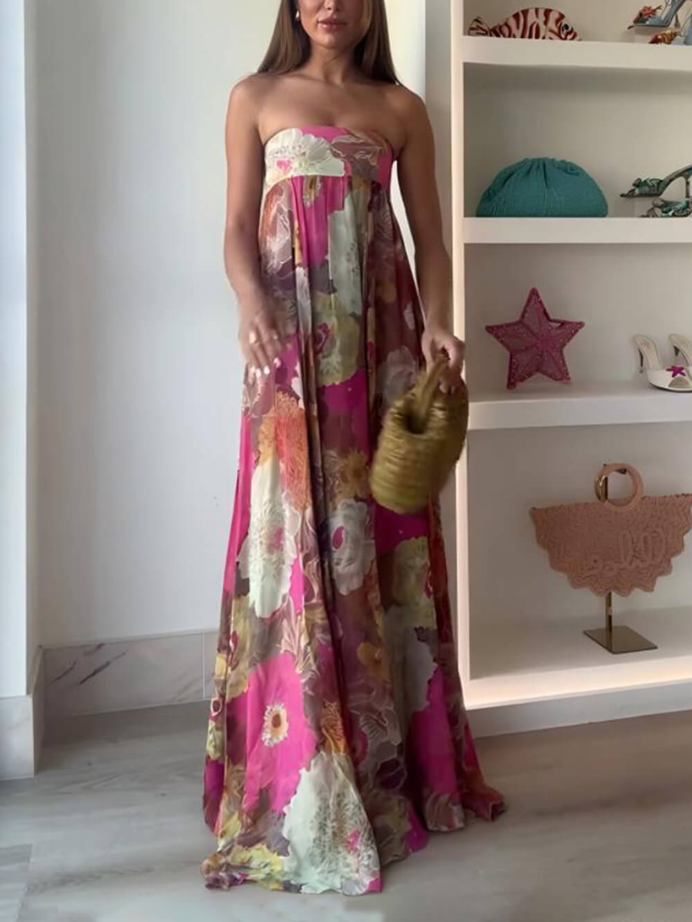 Ethnic Floral Print Off Shoulder A-line Maxi Dress