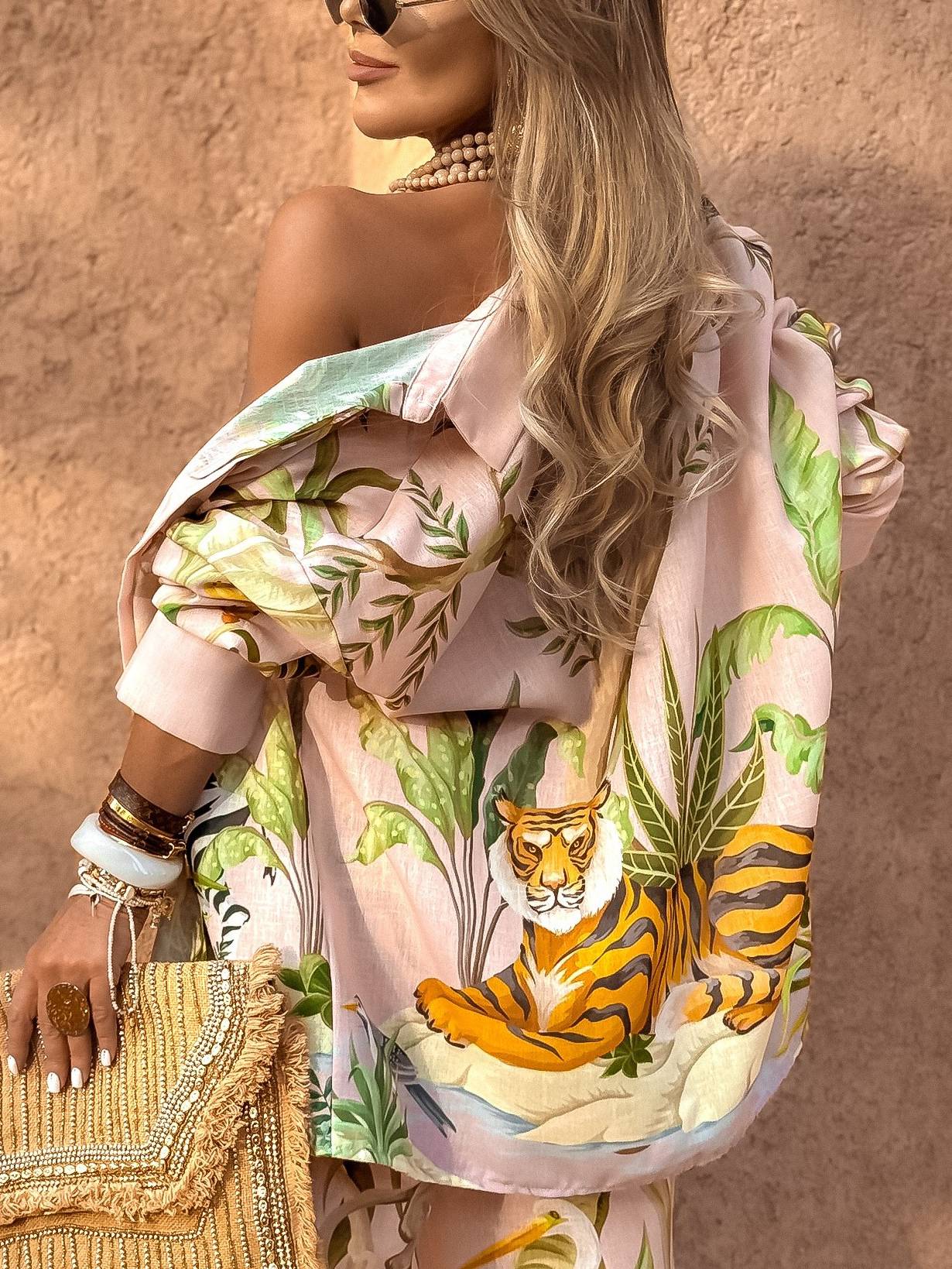 Unique Print Shirt And Wide Leg Pants Suit-Shirt