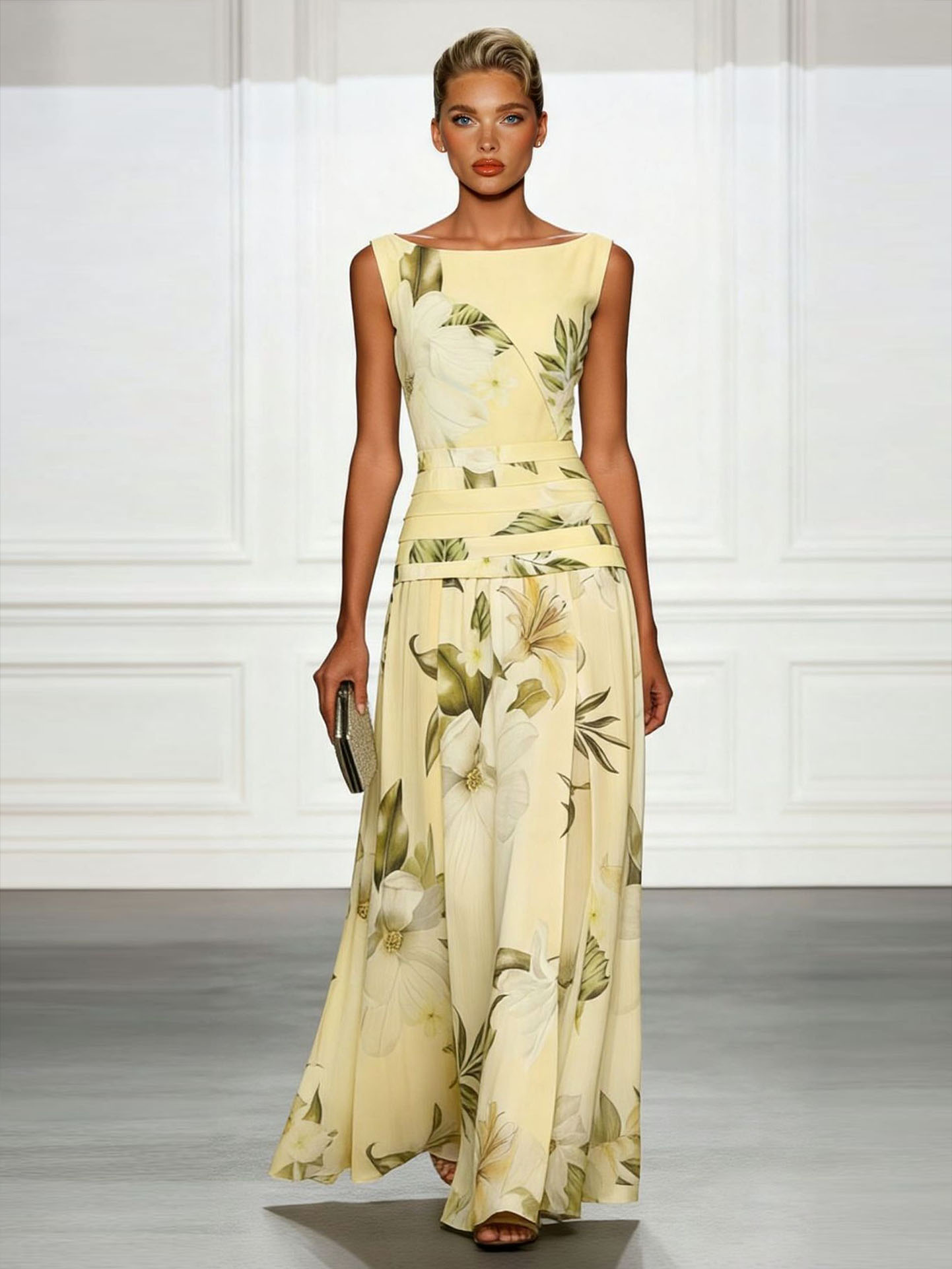 Fresh Sleeveless Boat Neck Printed Party Maxi Dress