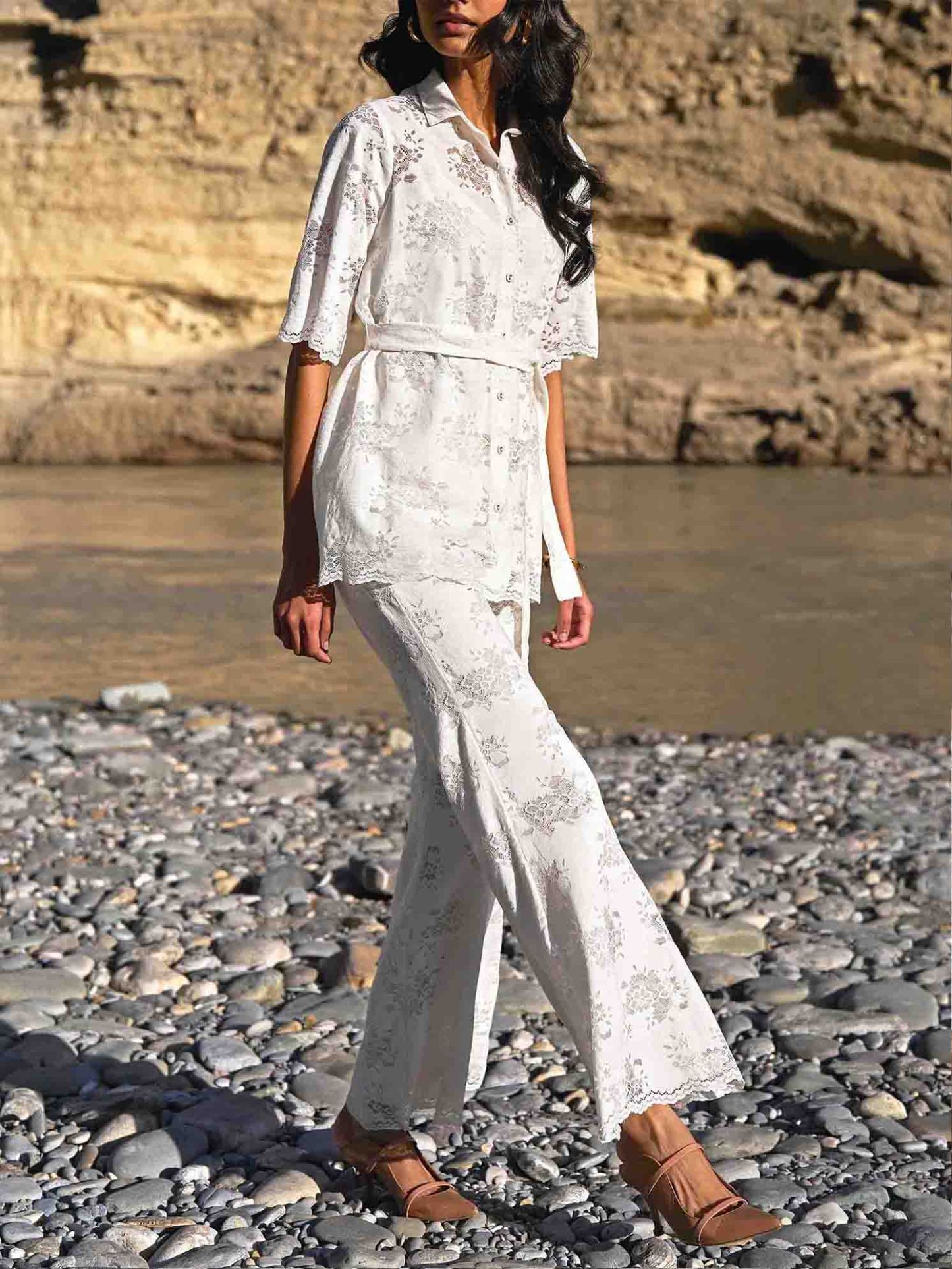 Elegant Floral Lace Elastic Waist Flared Pants