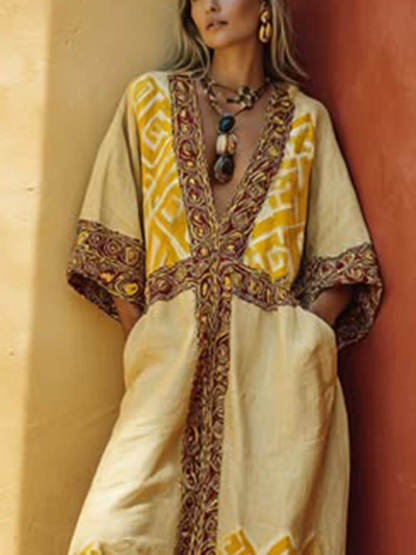 Western Cowboy Cotton-Linen Casual Vacation Maxi Dress