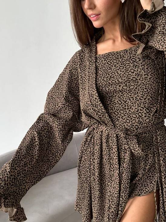 Leopard-Print Ruffled Nightgown Sling Shorts Three-Piece Home Wear