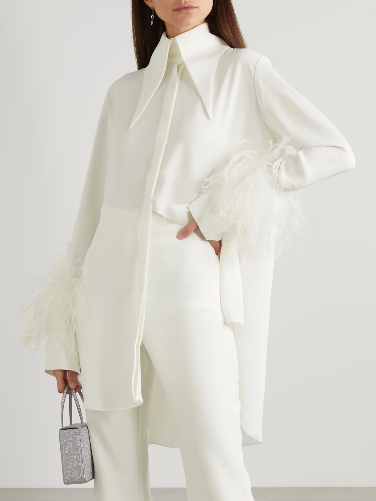 Elegant Satin Feather Trim Wide-Leg Pants