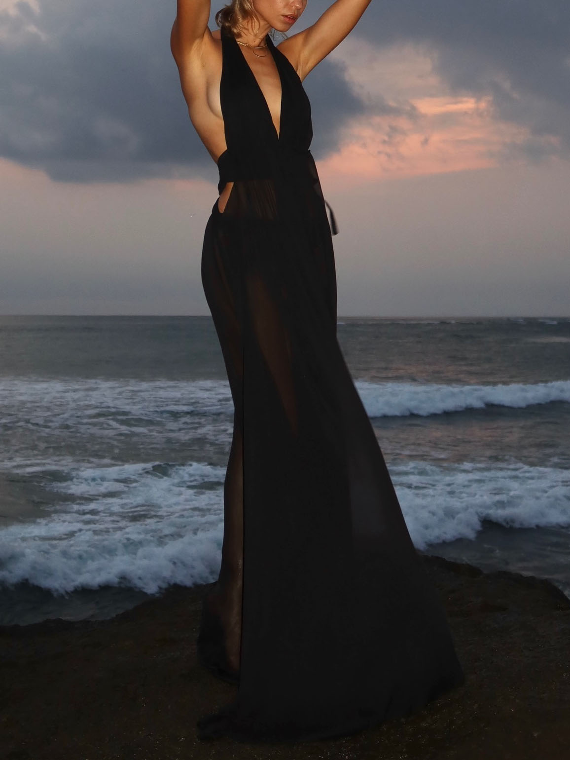 Elegant Deep V-neck Pleated Flowing Chiffon Maxi Dress