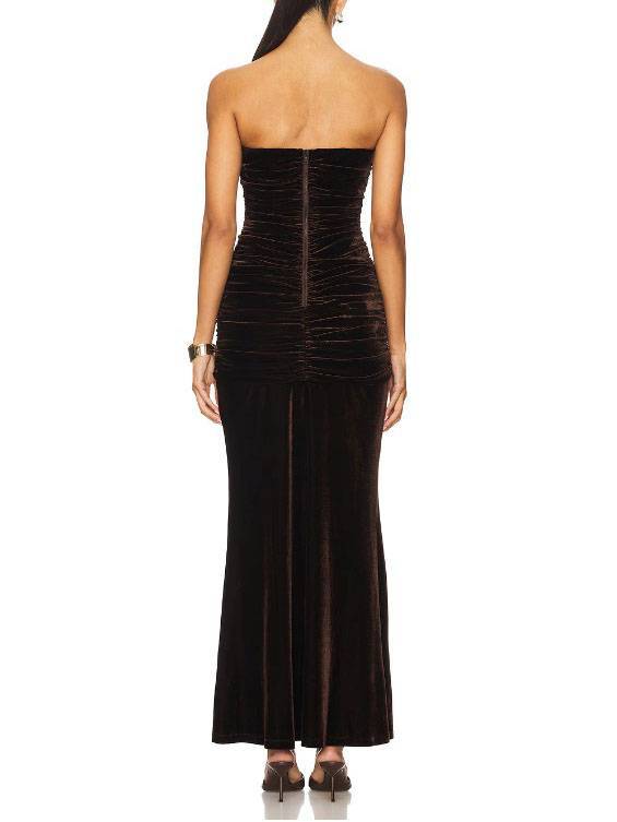 Tube Top Pleated Velvet Maxi Dress
