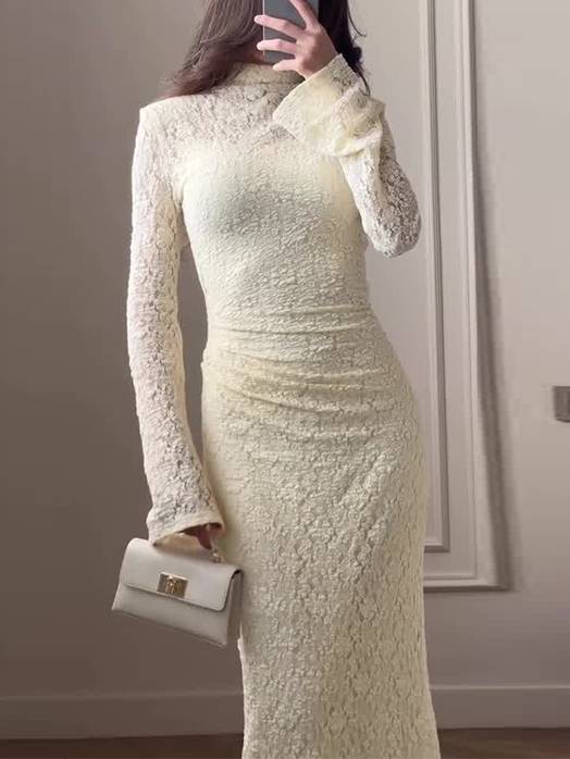 Lace Pleated Long Sleeve Maxi Dress