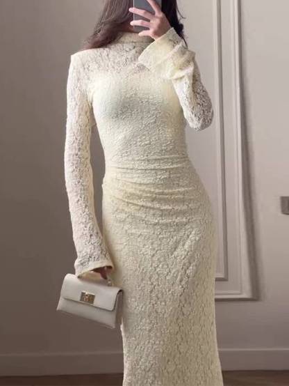 Lace Pleated Long Sleeve Maxi Dress