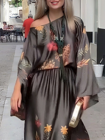 Exquisite Floral-Print Satin Long-Sleeved Top