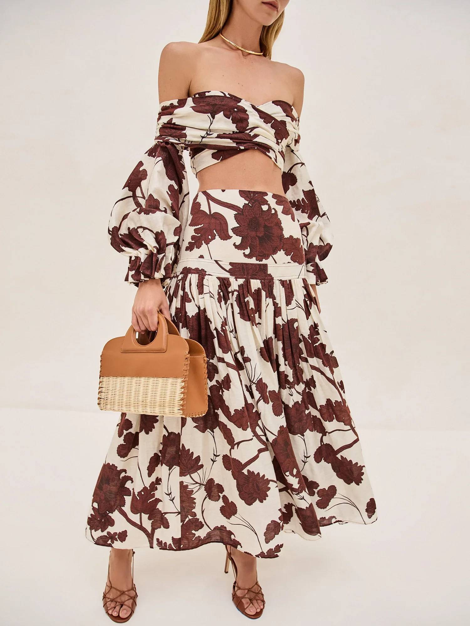 Printed Off-shoulder Top And Skirt Suit
