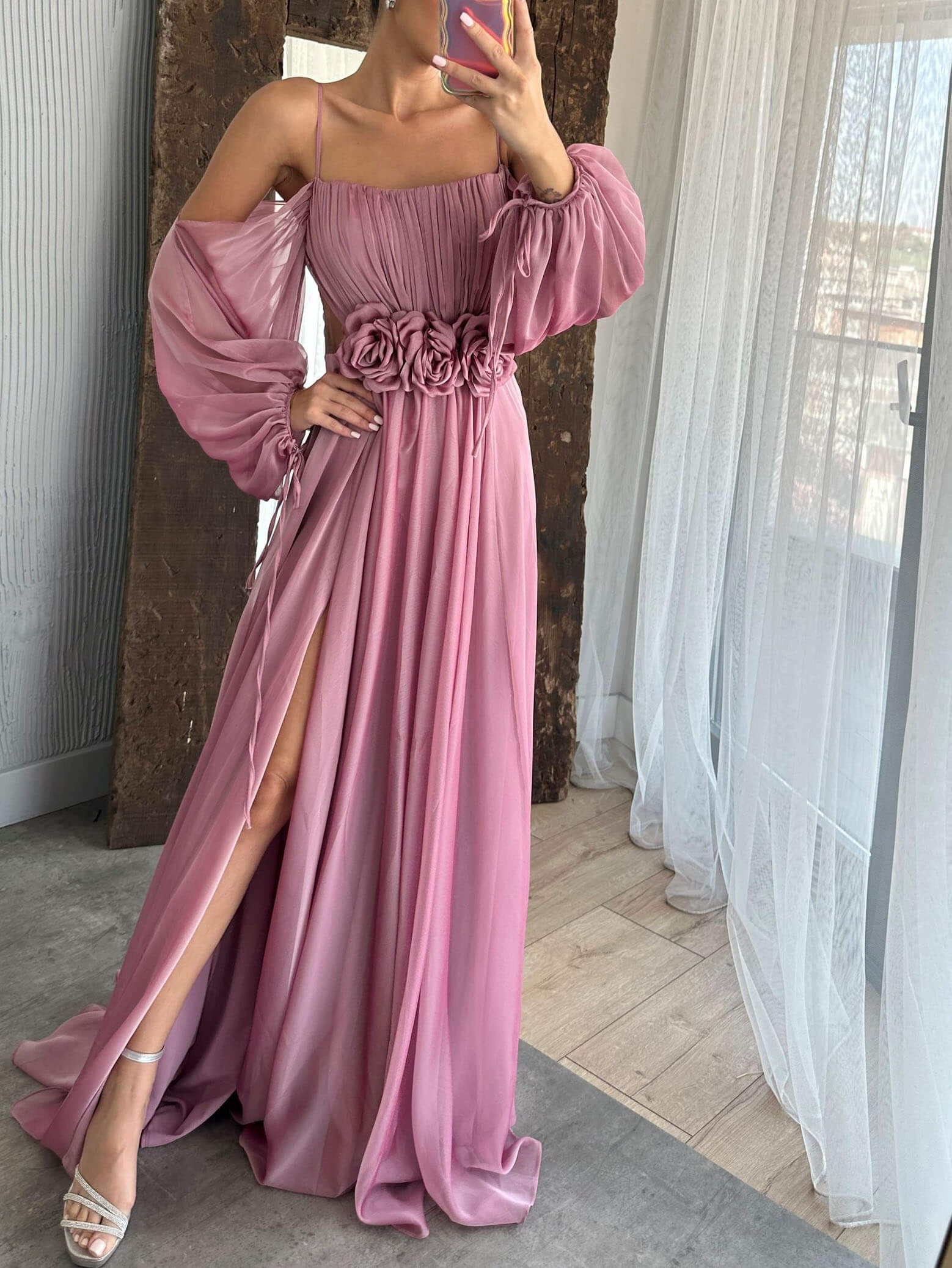 Drawstring Puff Sleeve Dress With Floral Detailing