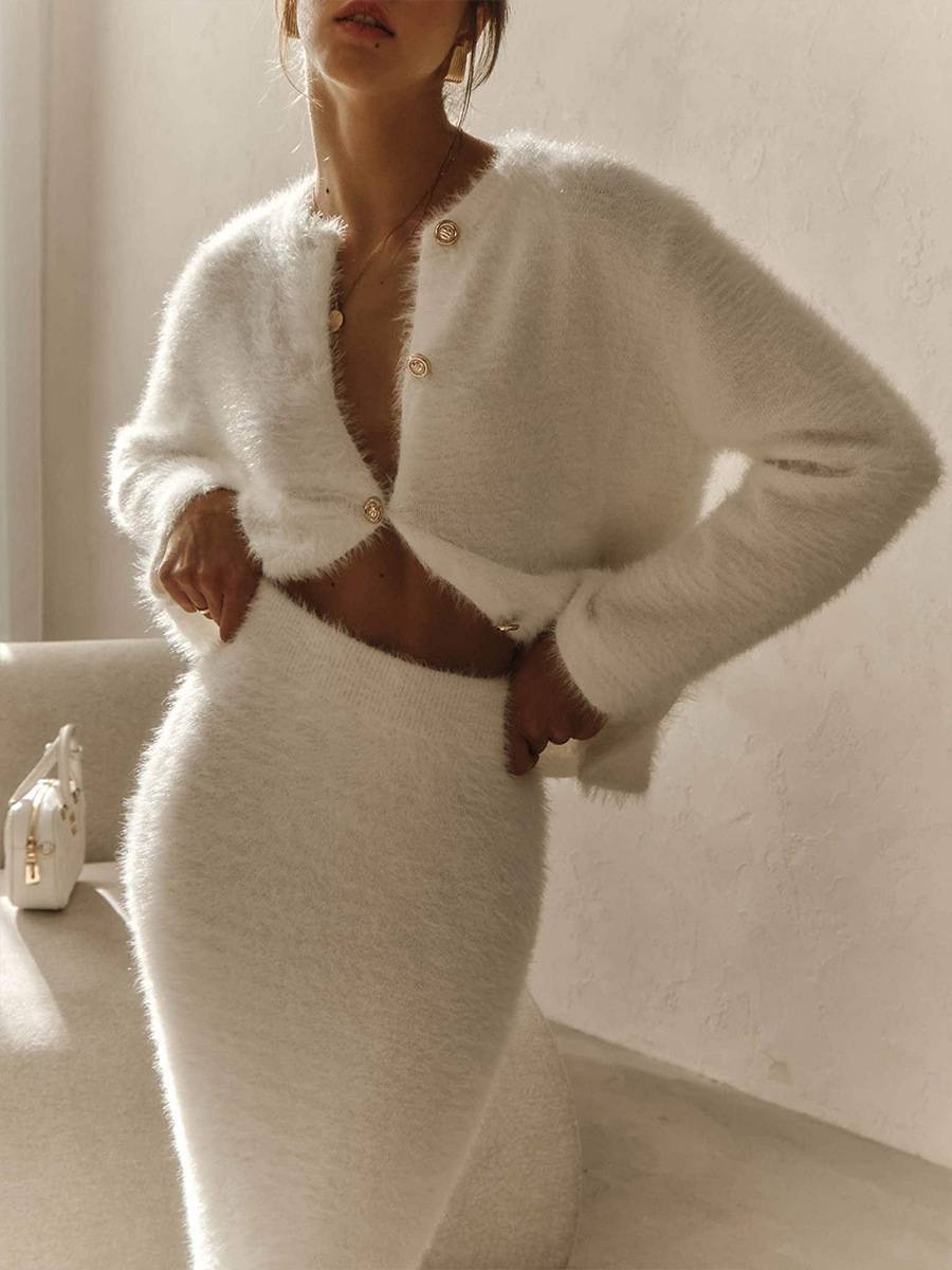 Elegant Knitted Cardigan And Skirt Suit