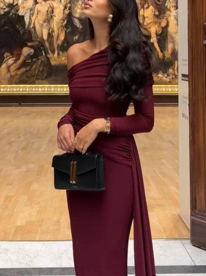 Slant Shoulder Ribbon Design Maxi Dress