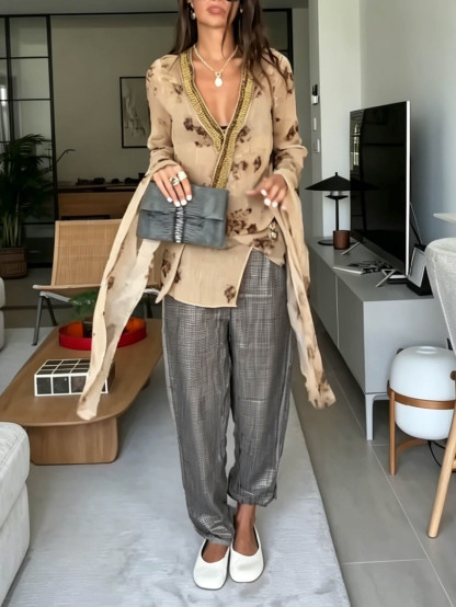 Casual Tie-Dye Chiffon Wrap Top & Metallic Harem Pants Two-Piece Set