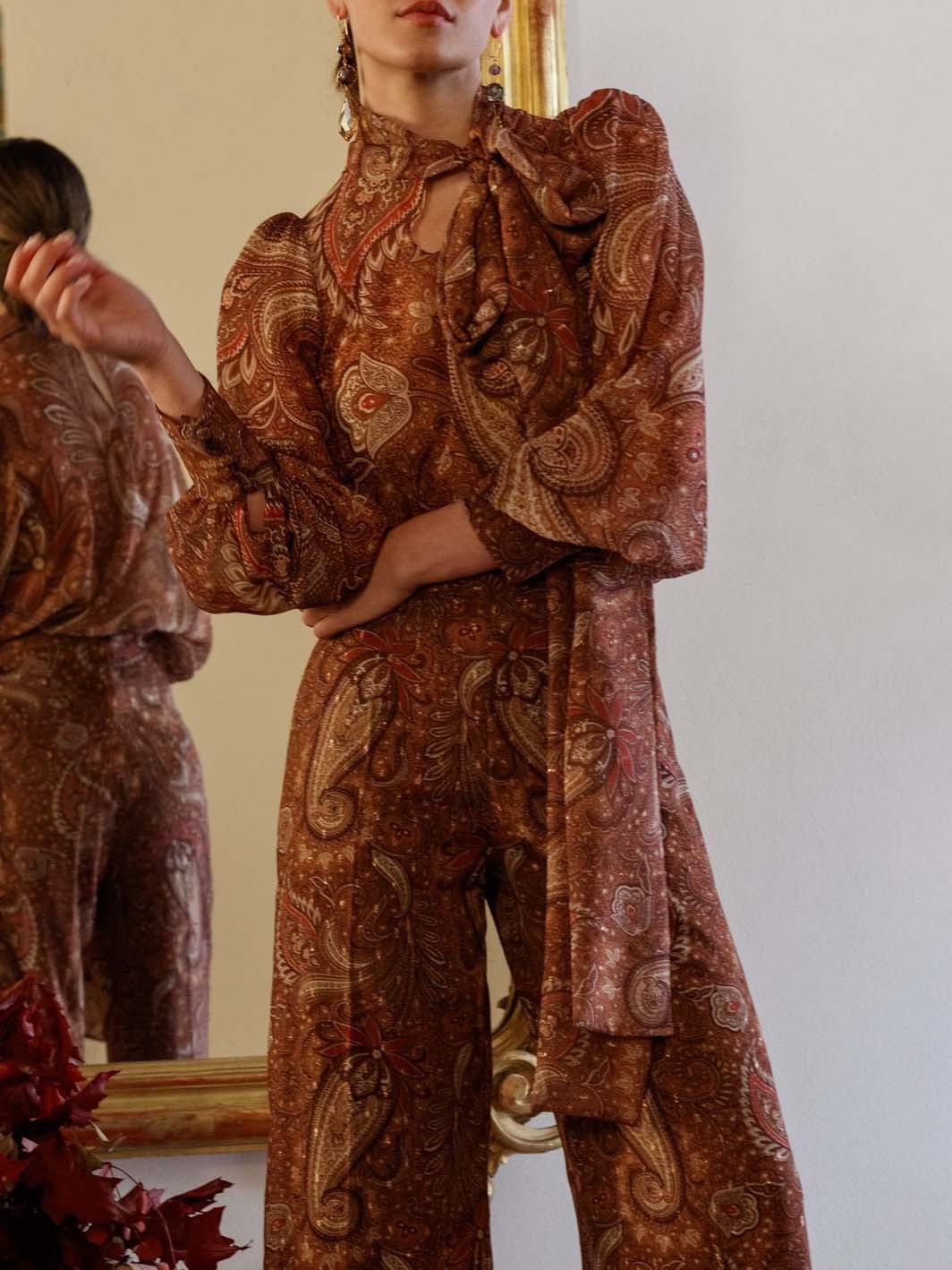 Retro Paisley Print Slim-Fit Wide-Leg Pants